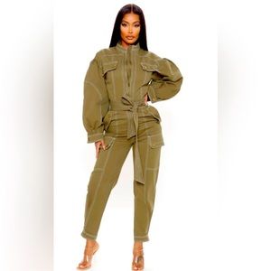 Fashionnova Green Top‎ Notch Utility Jumpsuit